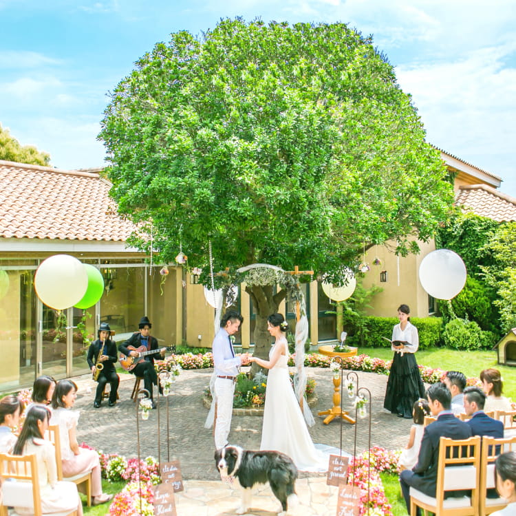 青々としたガーデンの全景とセレモニーの風景